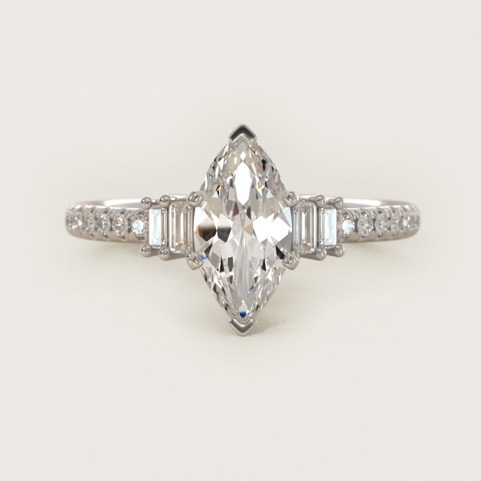 Petite Baguette and PavŽ Diamond Engagement Ring in 14k White Gold - Marquise Center