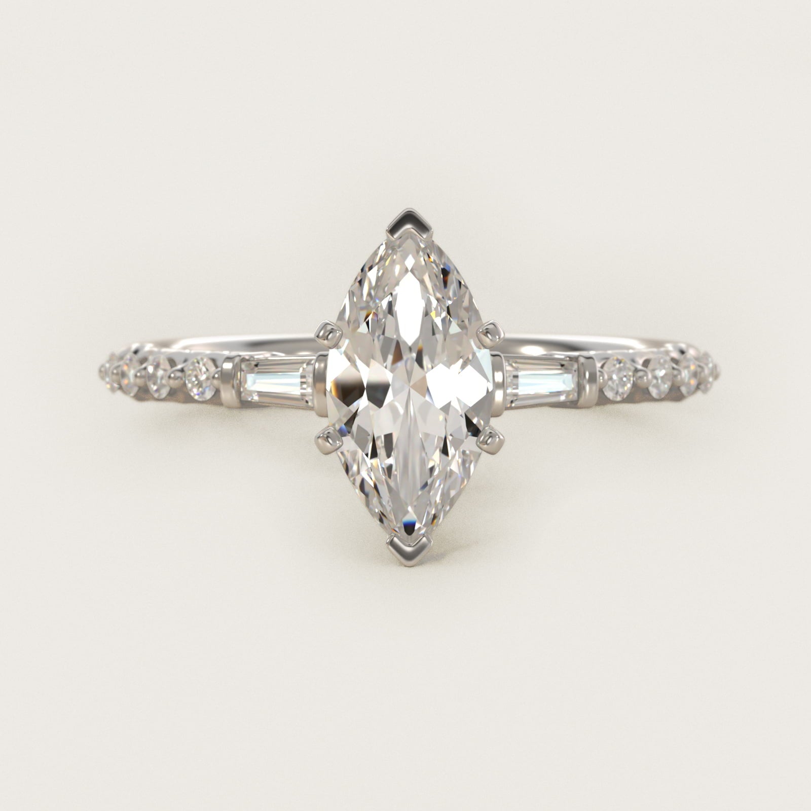 Petite Baguette and Floating Round Diamond Engagement Ring in 18k White Gold (1/5 ct. tw.) - Marquise Center
