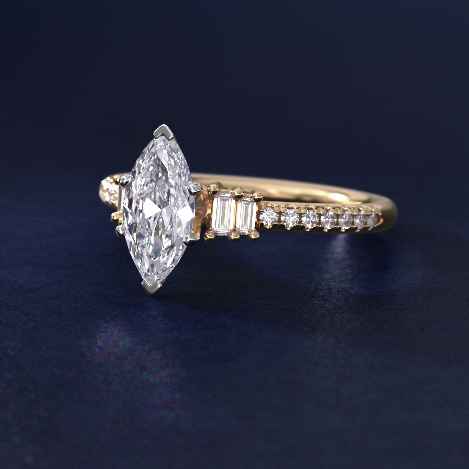 Petite Baguette and Pav? Diamond Engagement Ring in 18k Yellow Gold - Marquise Center