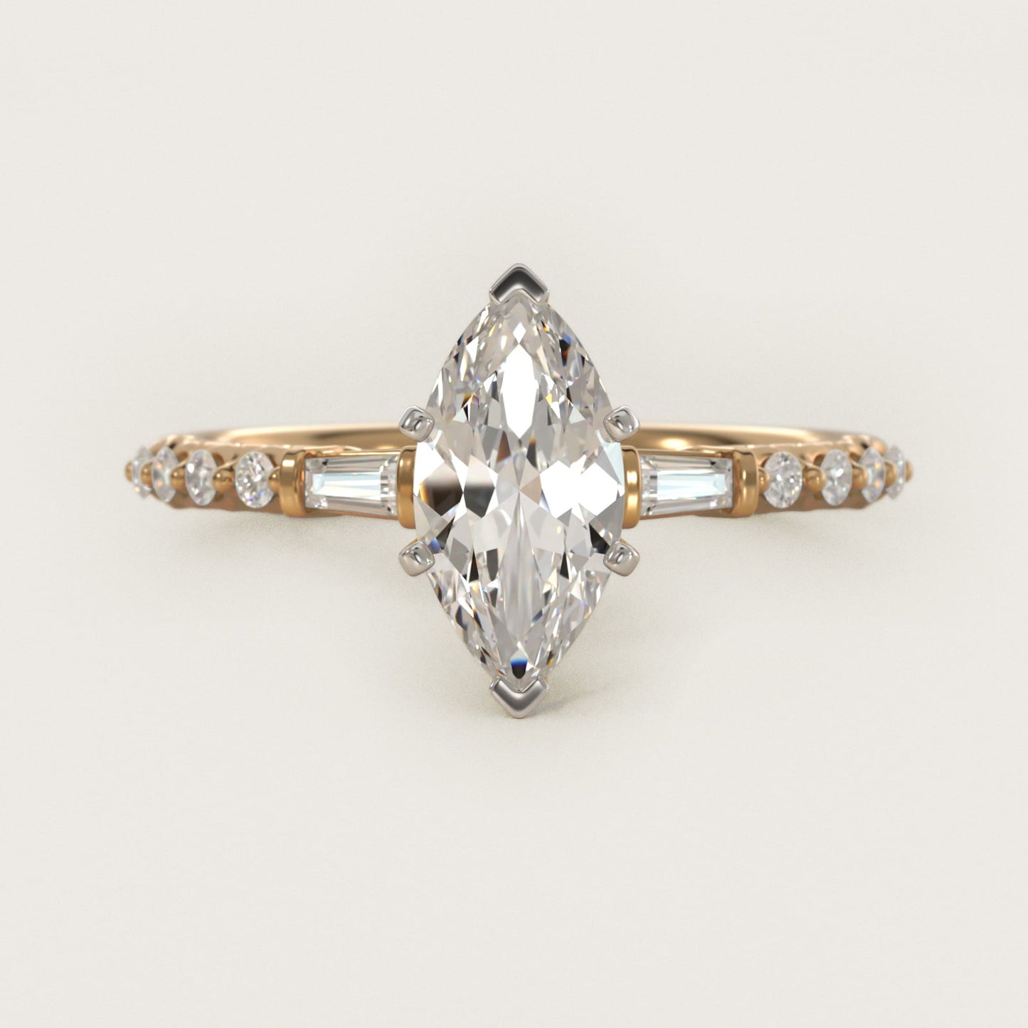 Petite Baguette and Floating Round Diamond Engagement Ring in 14k Yellow Gold (1/5 ct. tw.) - Marquise Center