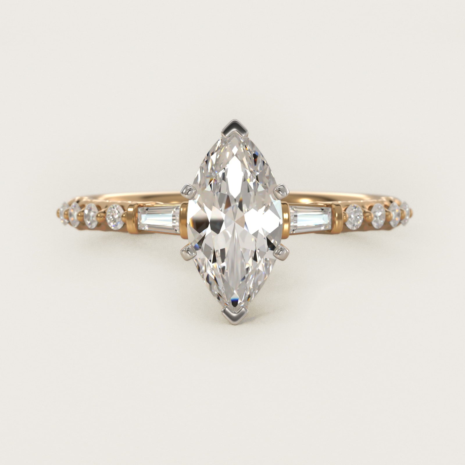 Petite Baguette and Floating Round Diamond Engagement Ring in 14k Yellow Gold (1/5 ct. tw.) - Marquise Center