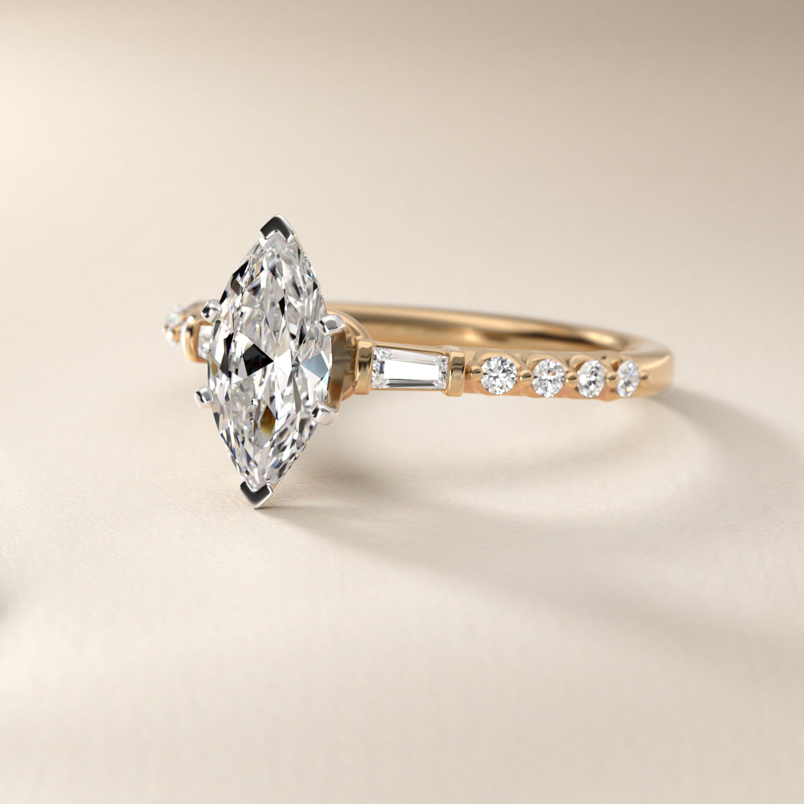 Petite Baguette and Floating Round Diamond Engagement Ring in 14k Yellow Gold (1/5 ct. tw.) - Marquise Center