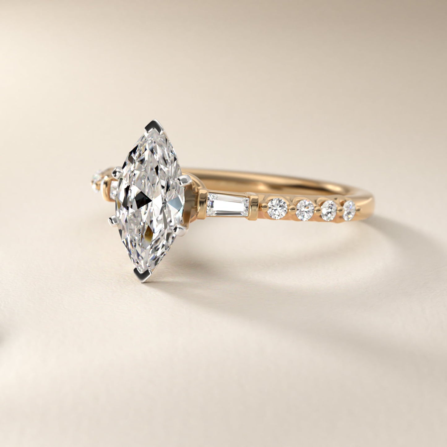 Petite Baguette and Floating Round Diamond Engagement Ring in 18k Yellow Gold (1/5 ct. tw.) - Marquise Center