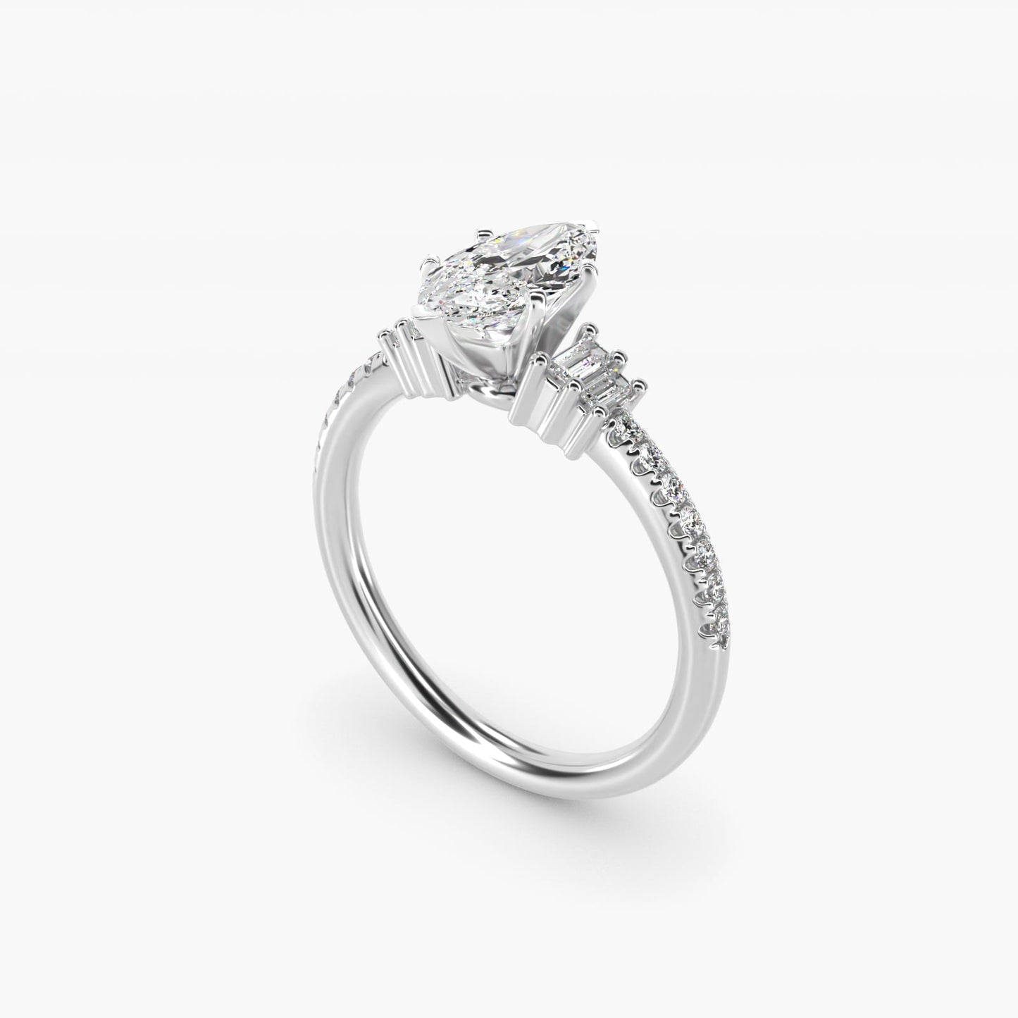 Petite Baguette and Pav? Diamond Engagement Ring in Platinum - Marquise Center