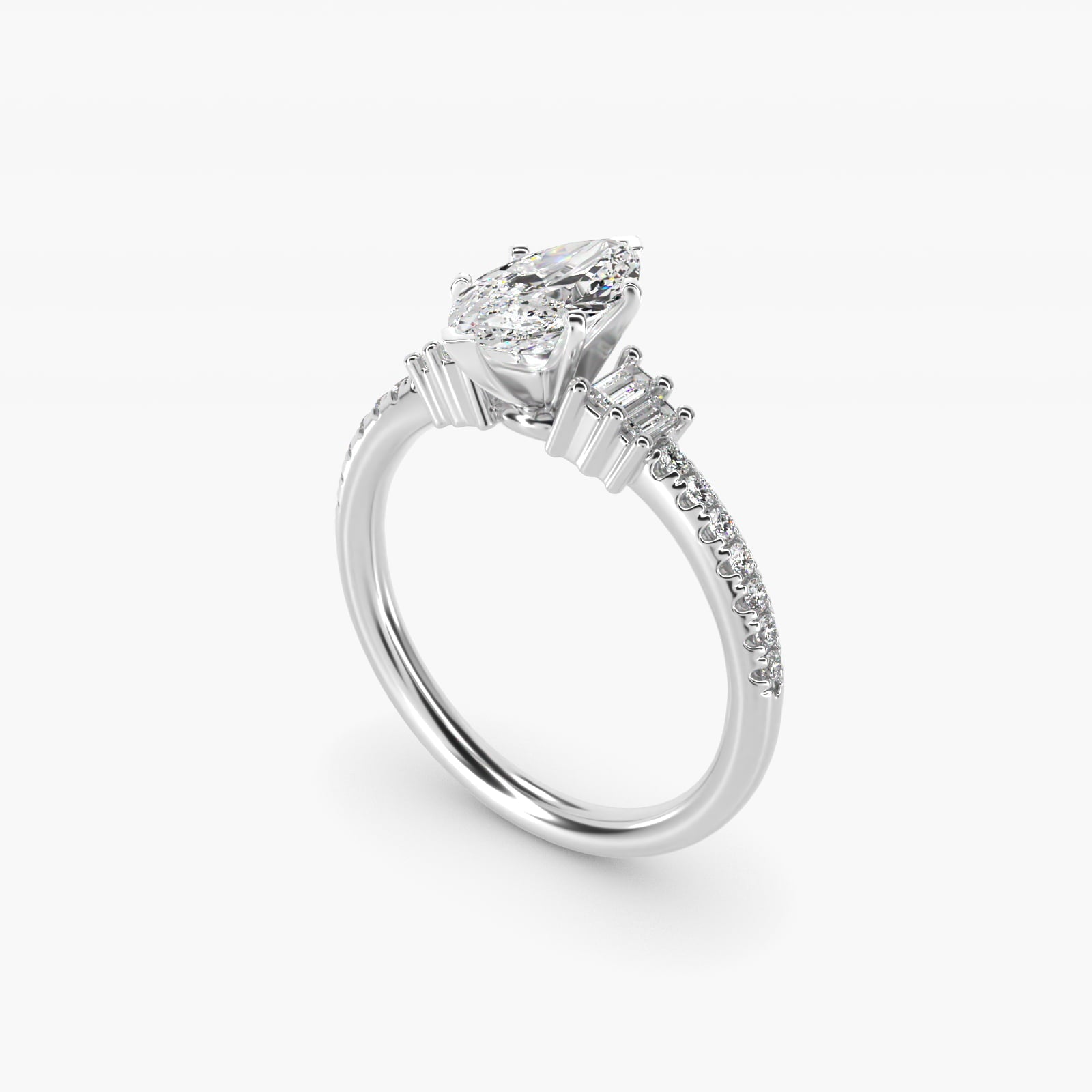 Petite Baguette and Pav? Diamond Engagement Ring in Platinum - Marquise Center
