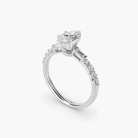 Petite Baguette and Floating Round Diamond Engagement Ring in Platinum (1/5 ct. tw.) - Marquise Center