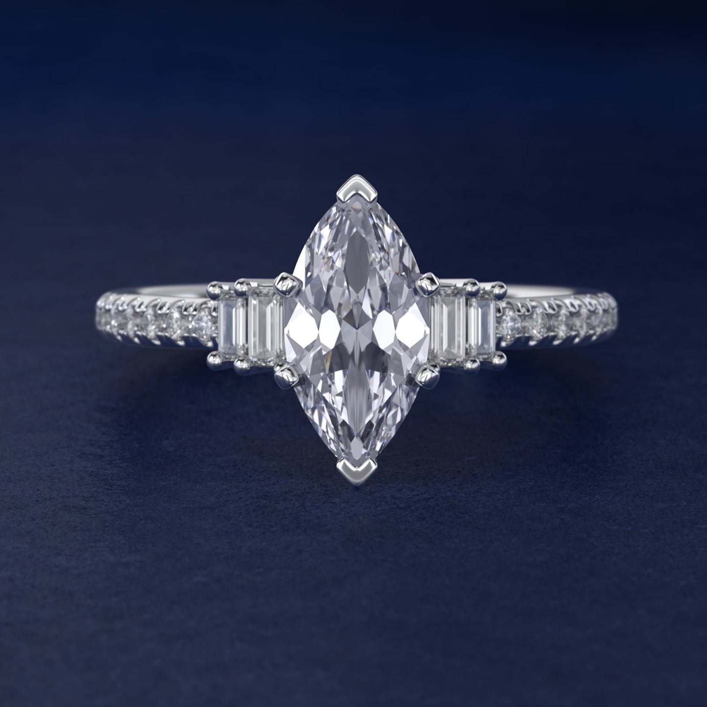 Petite Baguette and Pav? Diamond Engagement Ring in Platinum - Marquise Center