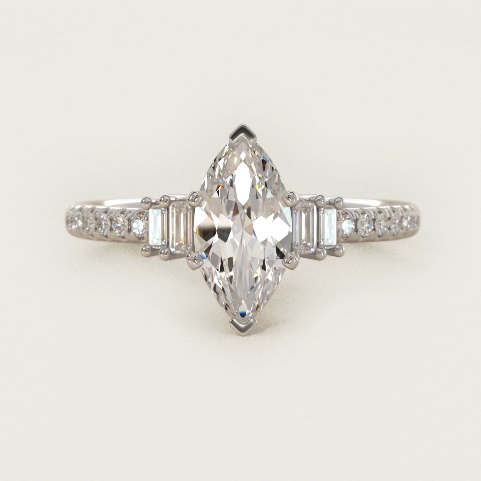 Petite Baguette and Pav? Diamond Engagement Ring in Platinum - Marquise Center