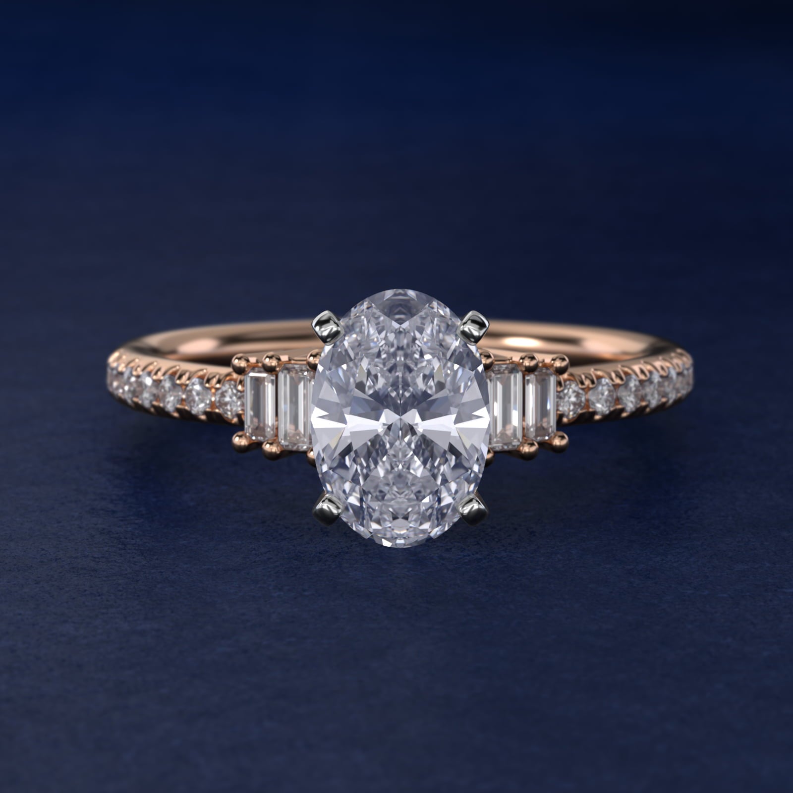 Petite Baguette and PavŽ Diamond Engagement Ring in 14k Rose Gold - Oval Center