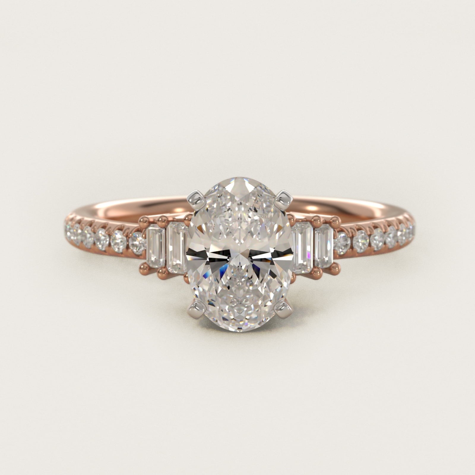 Petite Baguette and PavŽ Diamond Engagement Ring in 14k Rose Gold - Oval Center