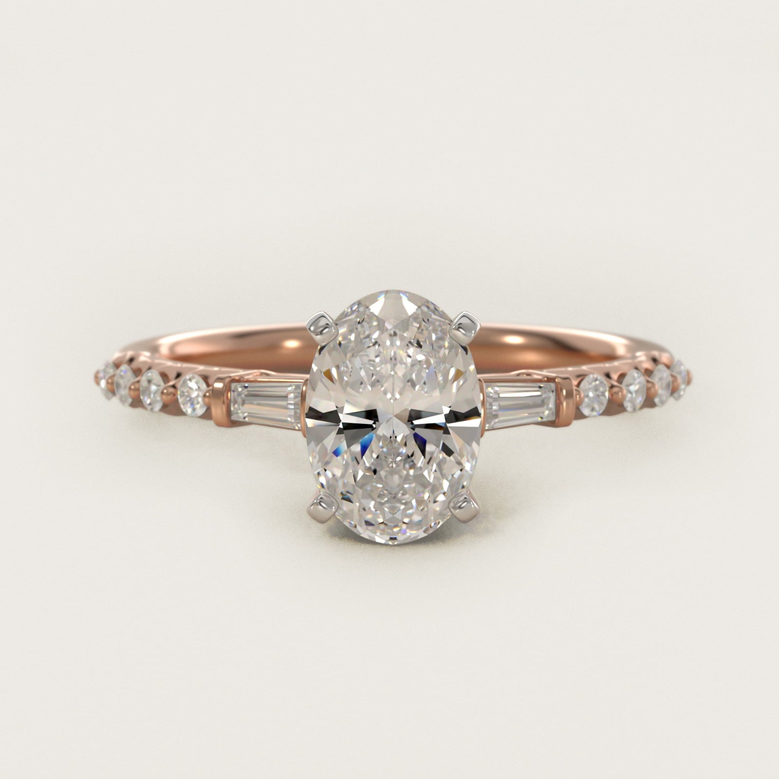 Petite Baguette and Floating Round Diamond Engagement Ring in 18k Rose Gold (1/5 ct. tw.) - Oval Center