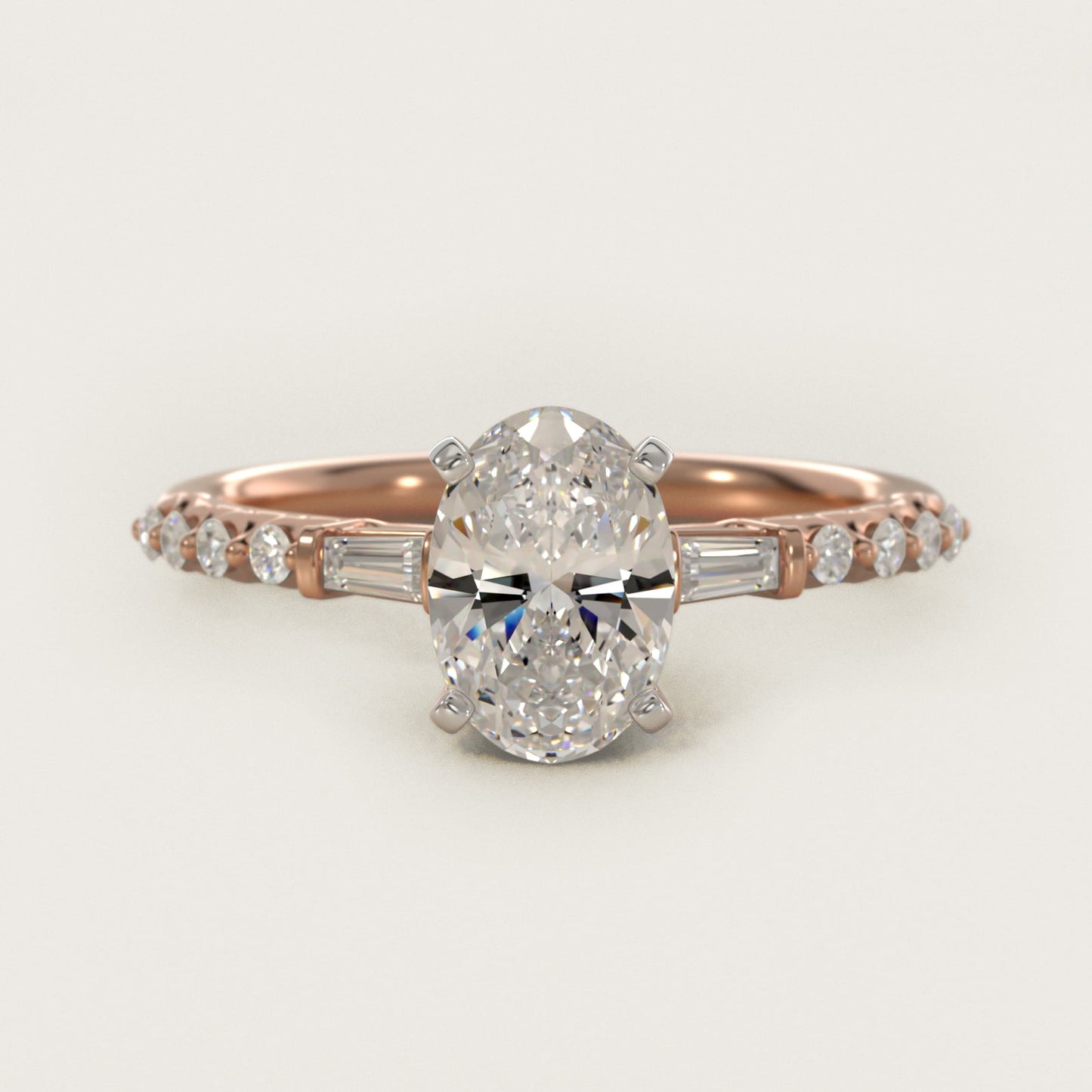 Petite Baguette and Floating Round Diamond Engagement Ring in 14k Rose Gold (1/5 ct. tw.) - Oval Center