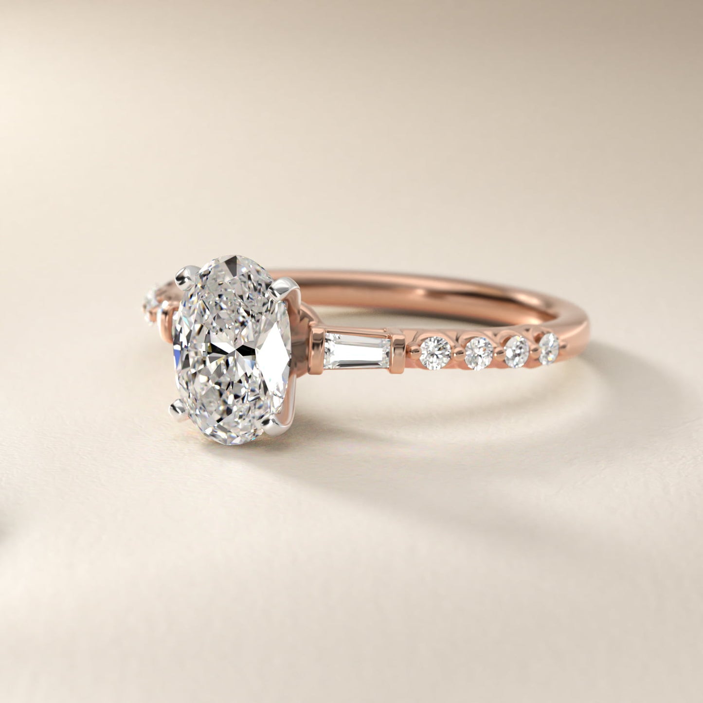 Petite Baguette and Floating Round Diamond Engagement Ring in 18k Rose Gold (1/5 ct. tw.) - Oval Center