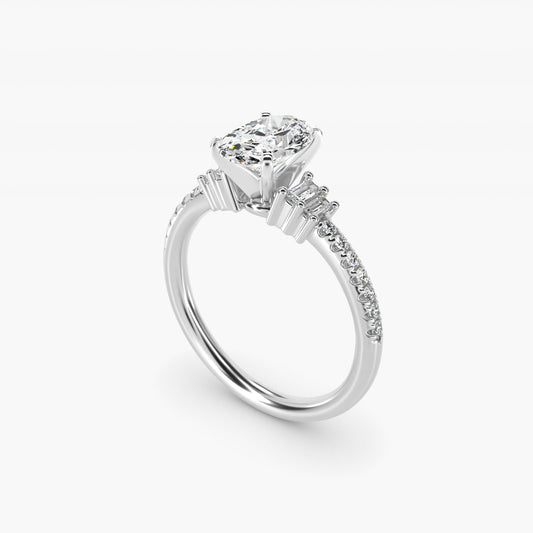 Petite Baguette and Pav? Diamond Engagement Ring in 18k White Gold - Oval Center