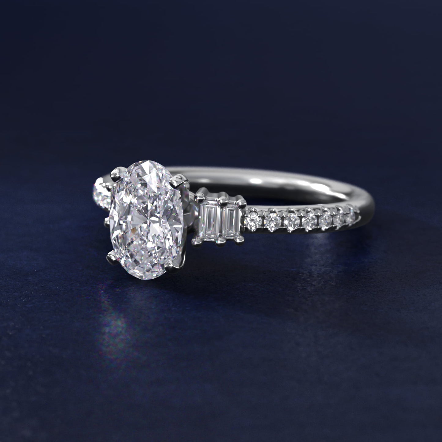 Petite Baguette and PavŽ Diamond Engagement Ring in 14k White Gold - Oval Center