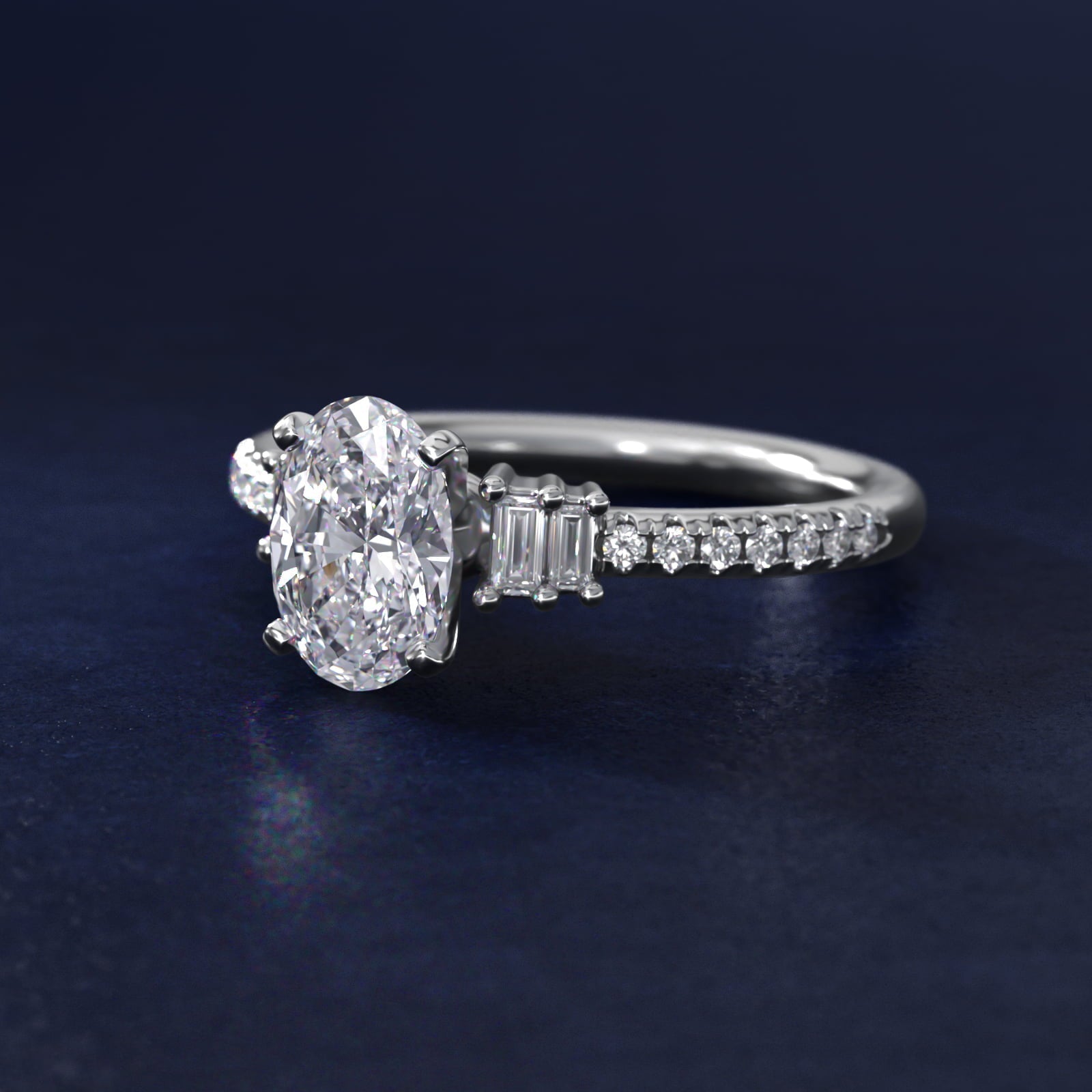 Petite Baguette and Pav? Diamond Engagement Ring in 18k White Gold - Oval Center