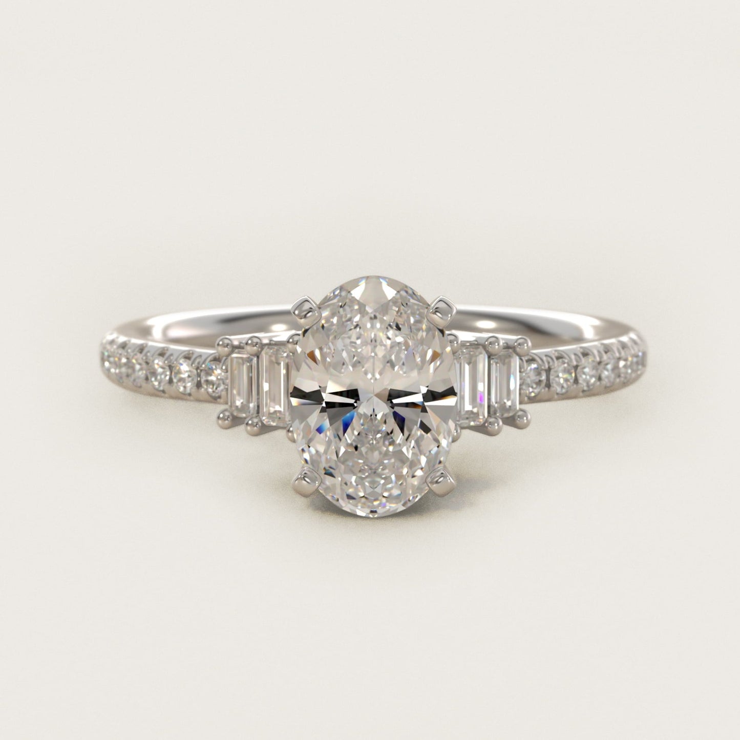 Petite Baguette and Pav? Diamond Engagement Ring in 18k White Gold - Oval Center