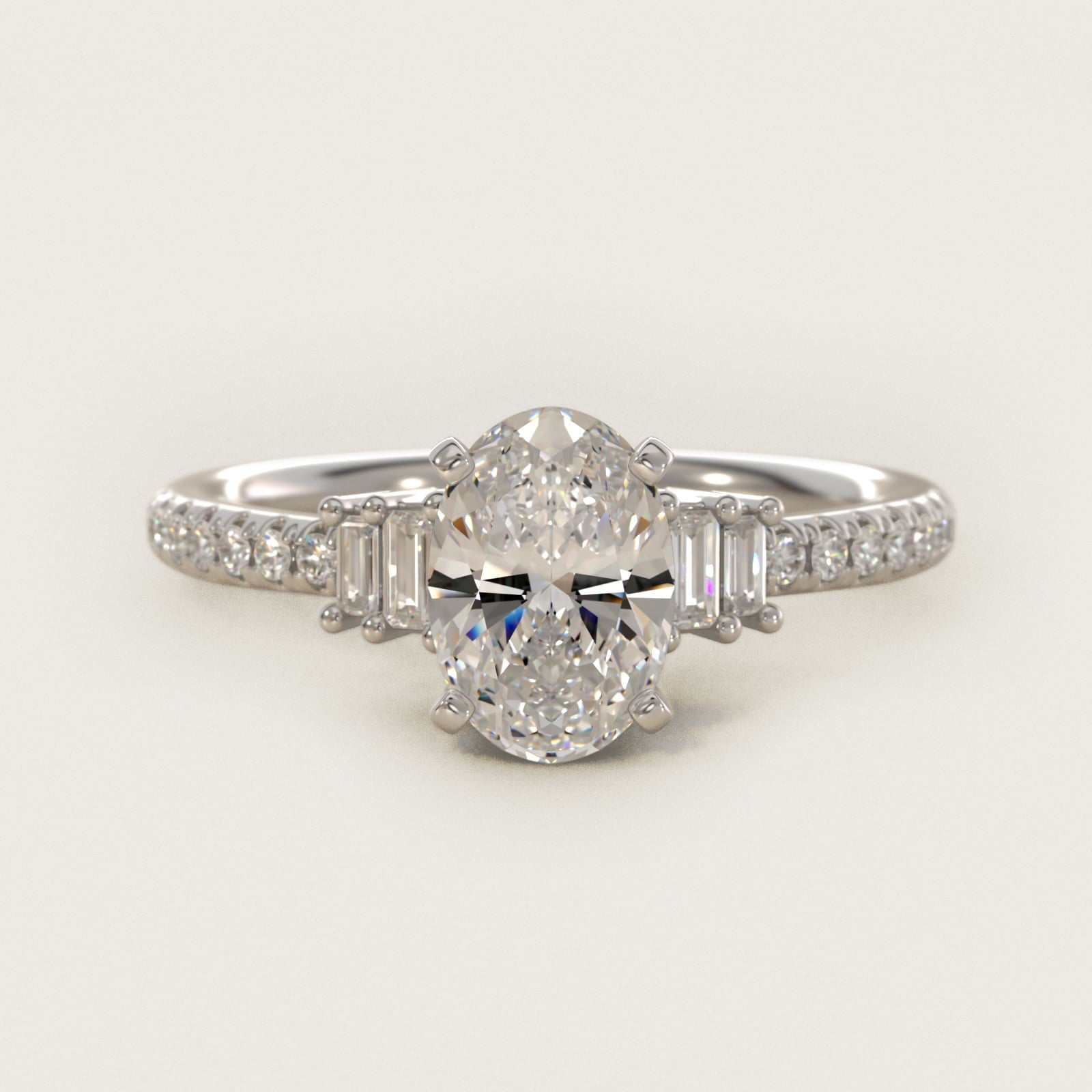 Petite Baguette and Pav? Diamond Engagement Ring in 18k White Gold - Oval Center
