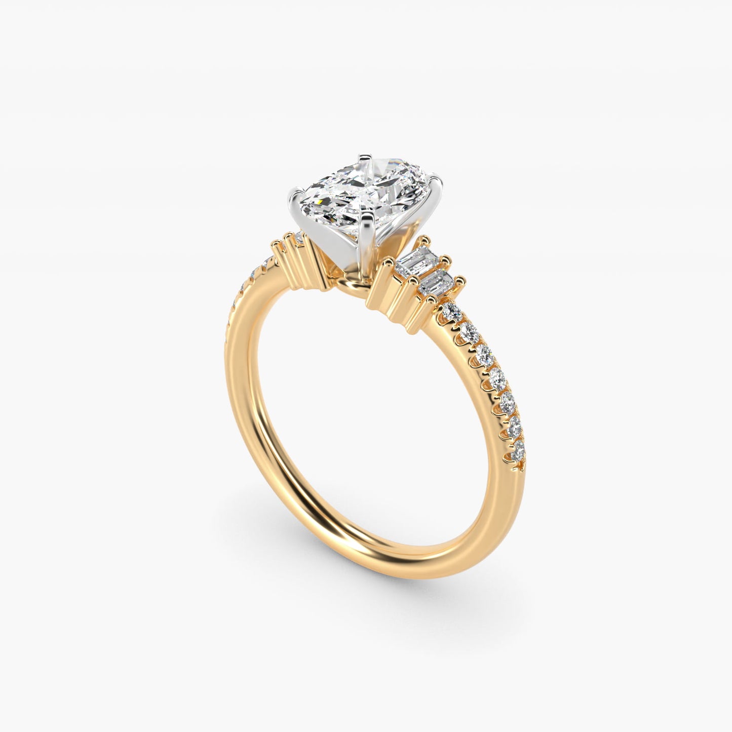 Petite Baguette and PavŽ Diamond Engagement Ring in 14k Yellow Gold - Oval Center