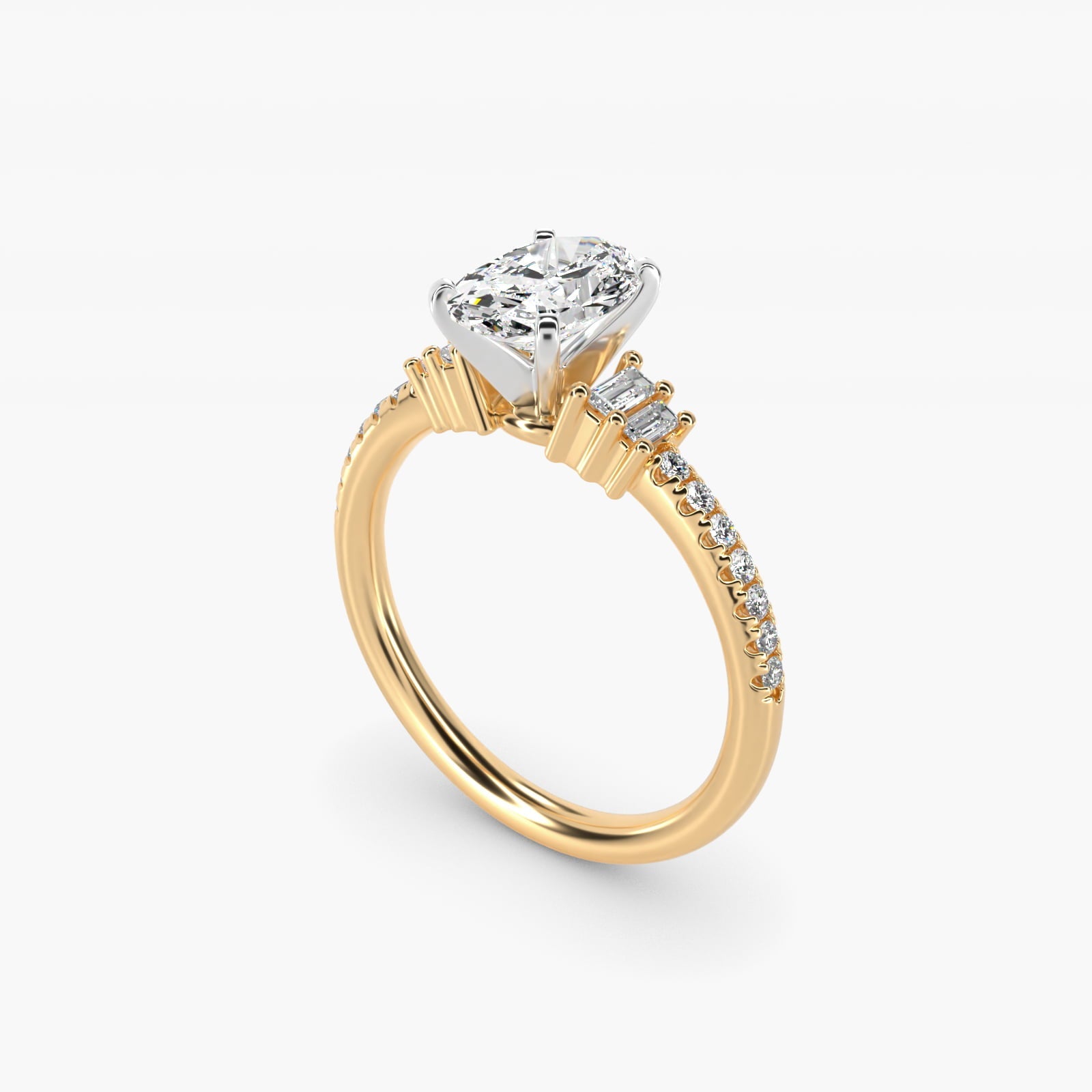 Petite Baguette and Pav? Diamond Engagement Ring in 18k Yellow Gold - Oval Center