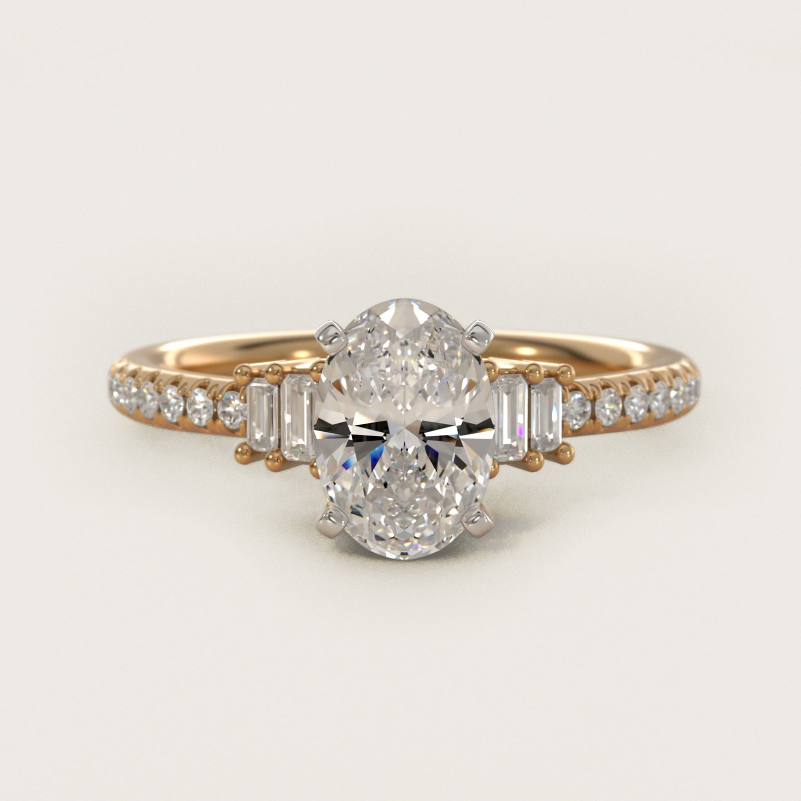 Petite Baguette and PavŽ Diamond Engagement Ring in 14k Yellow Gold - Oval Center