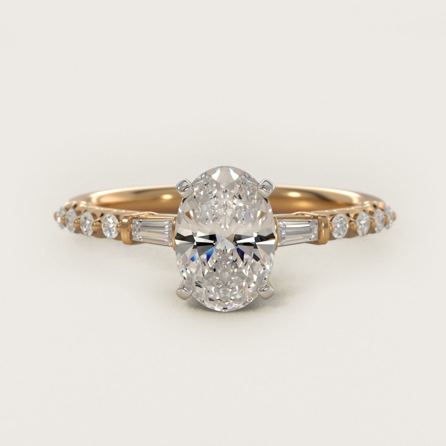 Petite Baguette and Floating Round Diamond Engagement Ring in 14k Yellow Gold (1/5 ct. tw.) - Oval Center