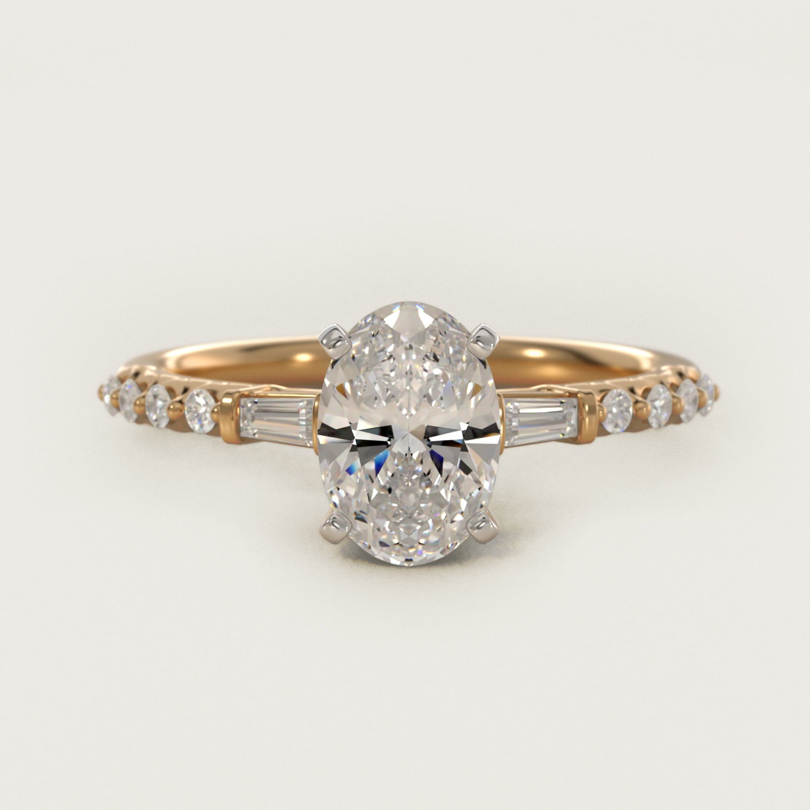 Petite Baguette and Floating Round Diamond Engagement Ring in 18k Yellow Gold (1/5 ct. tw.) - Oval Center