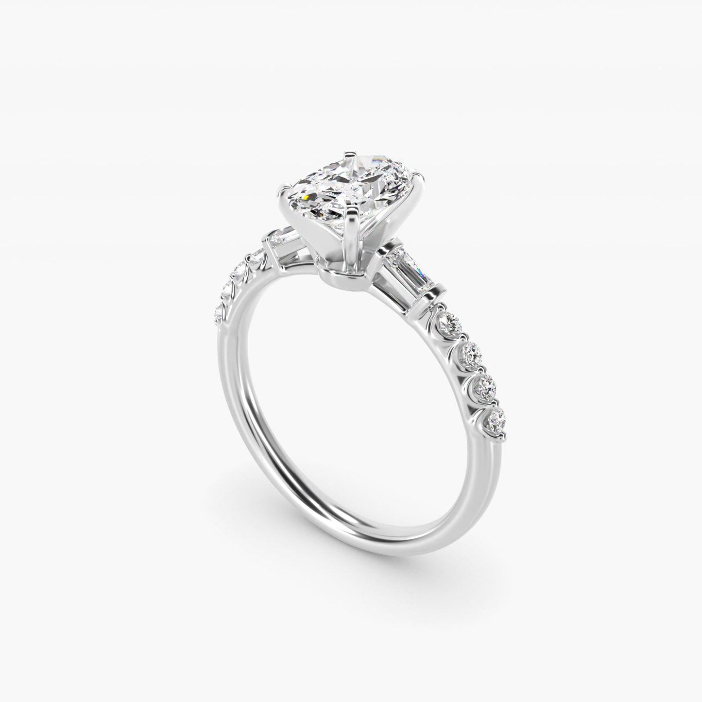 Petite Baguette and Floating Round Diamond Engagement Ring in Platinum (1/5 ct. tw.) - Oval Center