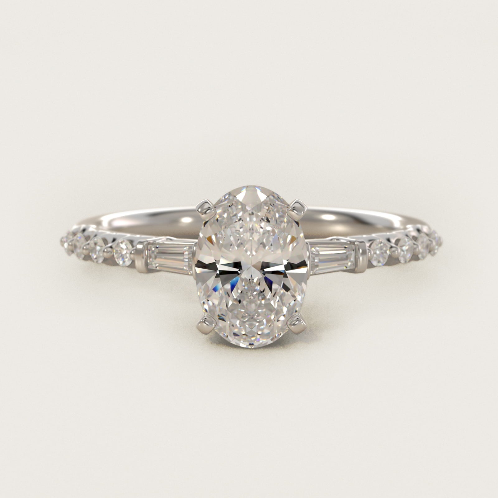 Petite Baguette and Floating Round Diamond Engagement Ring in Platinum (1/5 ct. tw.) - Oval Center