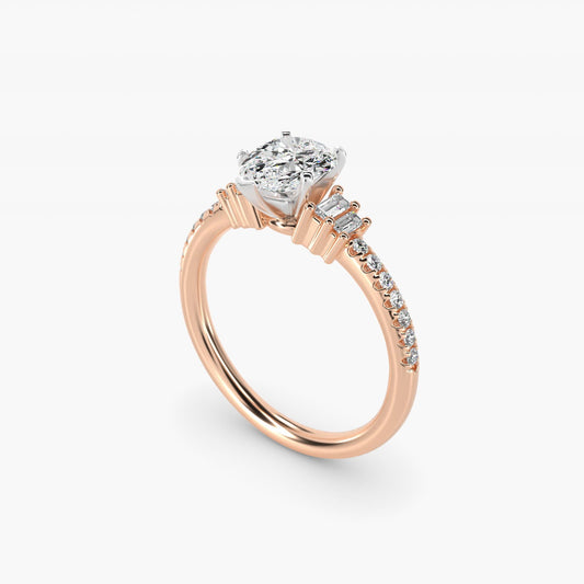 Petite Baguette and Pav? Diamond Engagement Ring in 18k Rose Gold - Pear Center