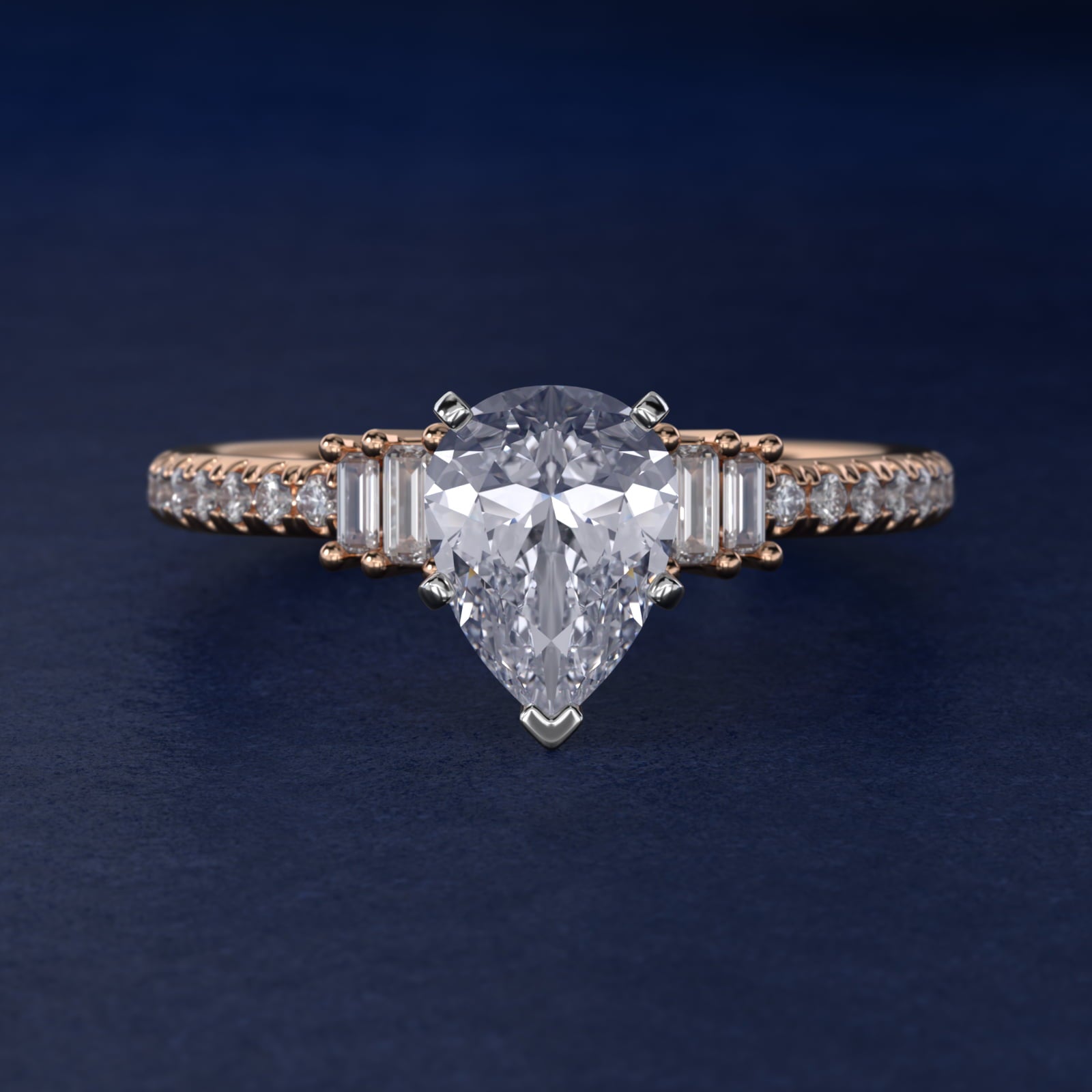 Petite Baguette and PavŽ Diamond Engagement Ring in 14k Rose Gold - Pear Center