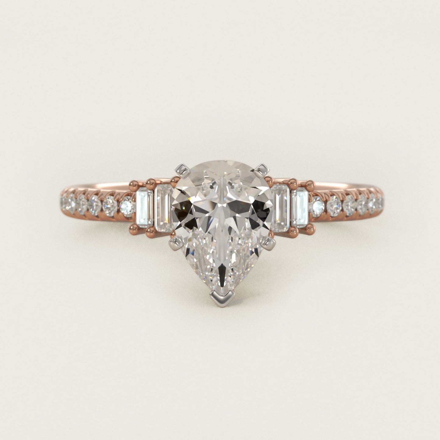 Petite Baguette and PavŽ Diamond Engagement Ring in 14k Rose Gold - Pear Center