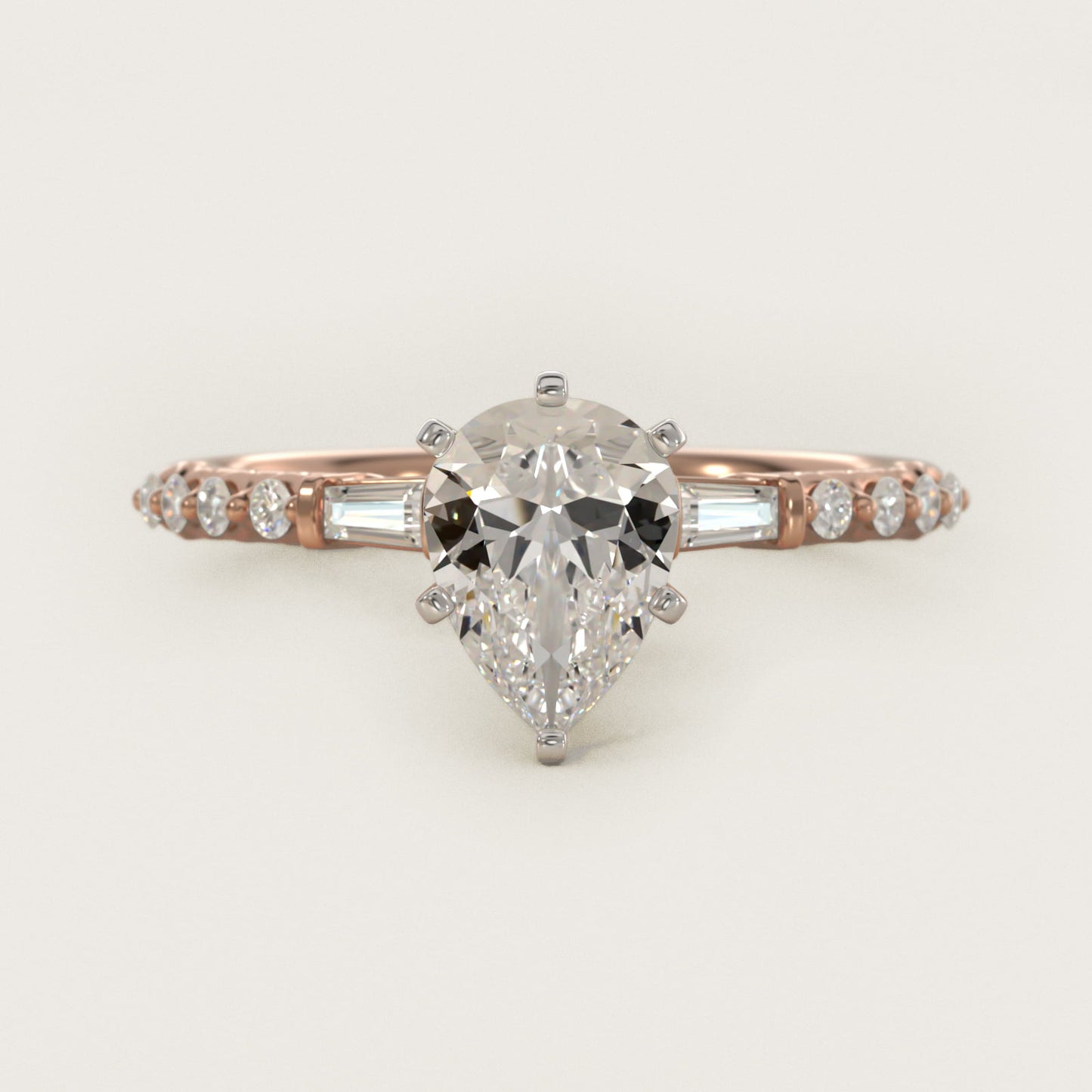 Petite Baguette and Floating Round Diamond Engagement Ring in 14k Rose Gold (1/5 ct. tw.) - Pear Center