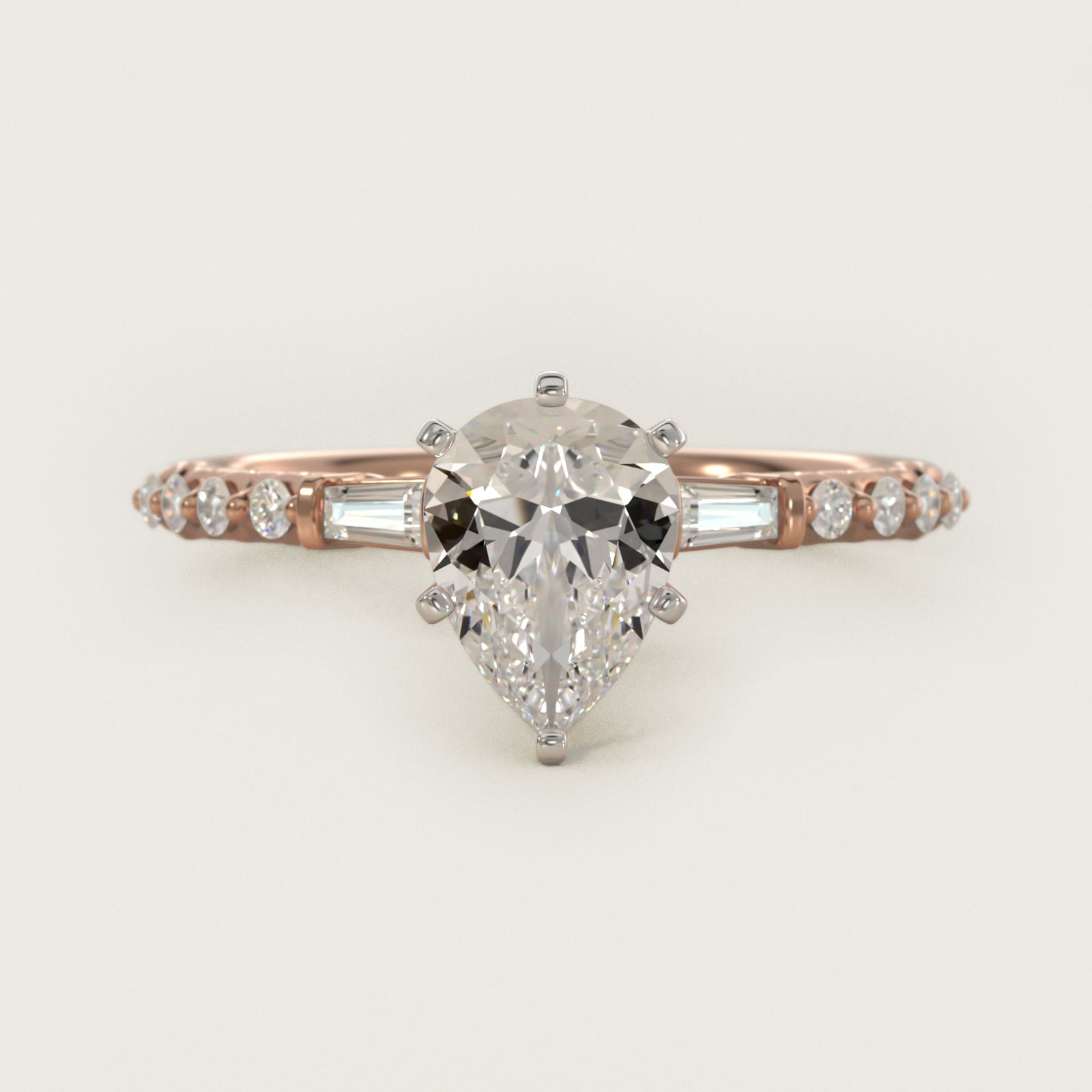 Petite Baguette and Floating Round Diamond Engagement Ring in 18k Rose Gold (1/5 ct. tw.) - Pear Center