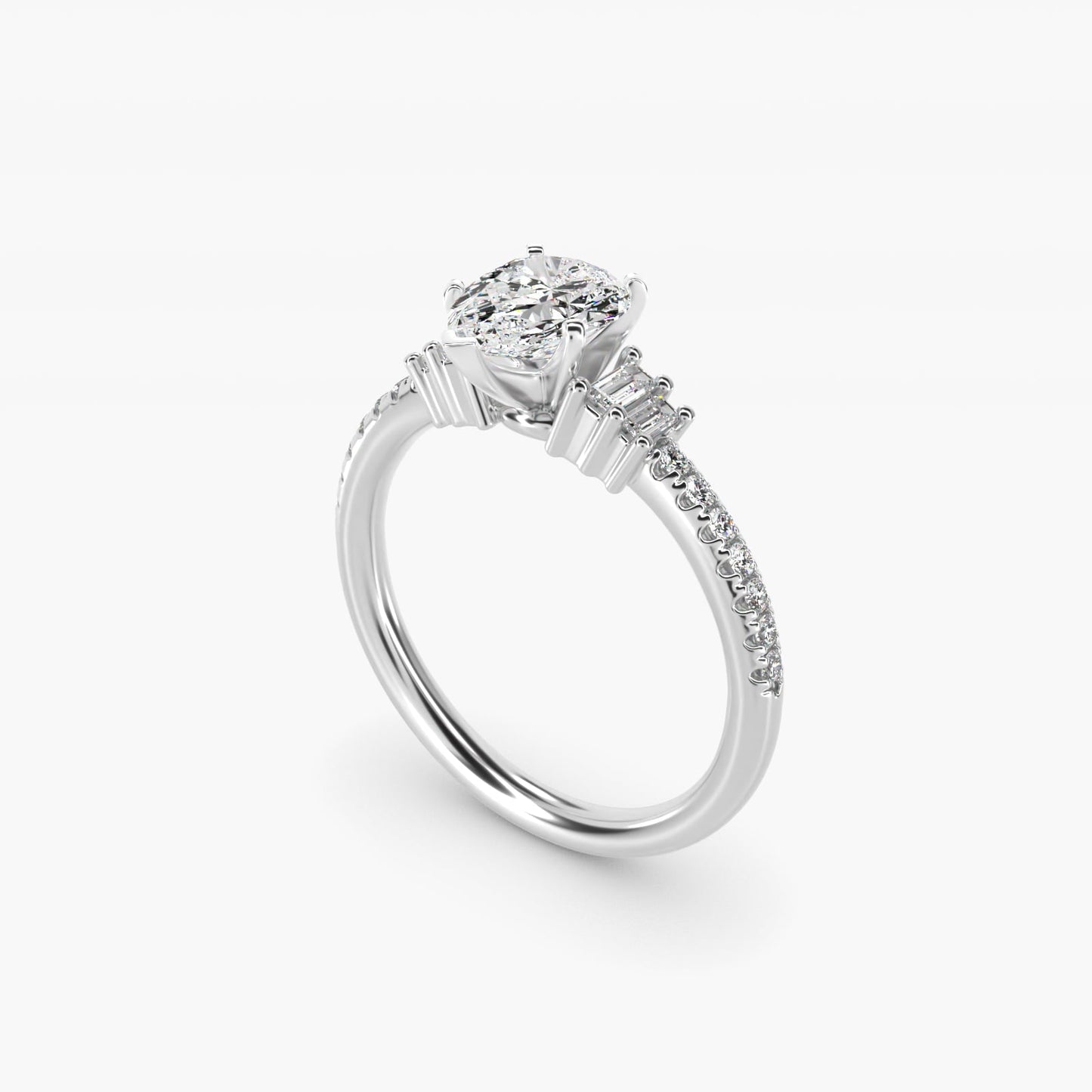 Petite Baguette and Pav? Diamond Engagement Ring in 18k White Gold - Pear Center