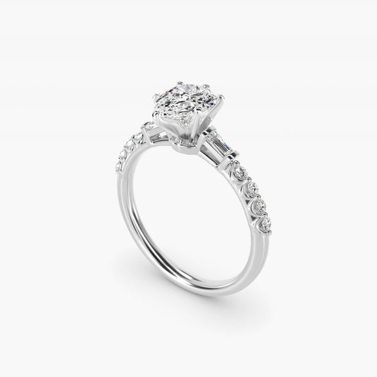 Petite Baguette and Floating Round Diamond Engagement Ring in 18k White Gold (1/5 ct. tw.) - Pear Center