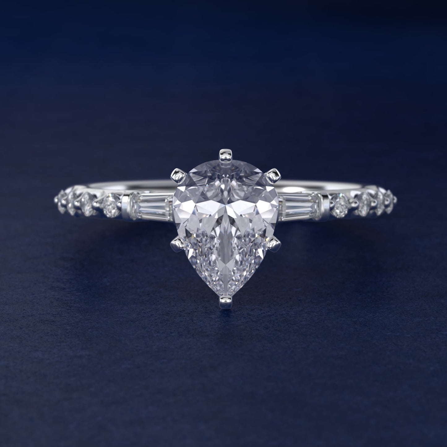 Petite Baguette and Floating Round Diamond Engagement Ring in 18k White Gold (1/5 ct. tw.) - Pear Center