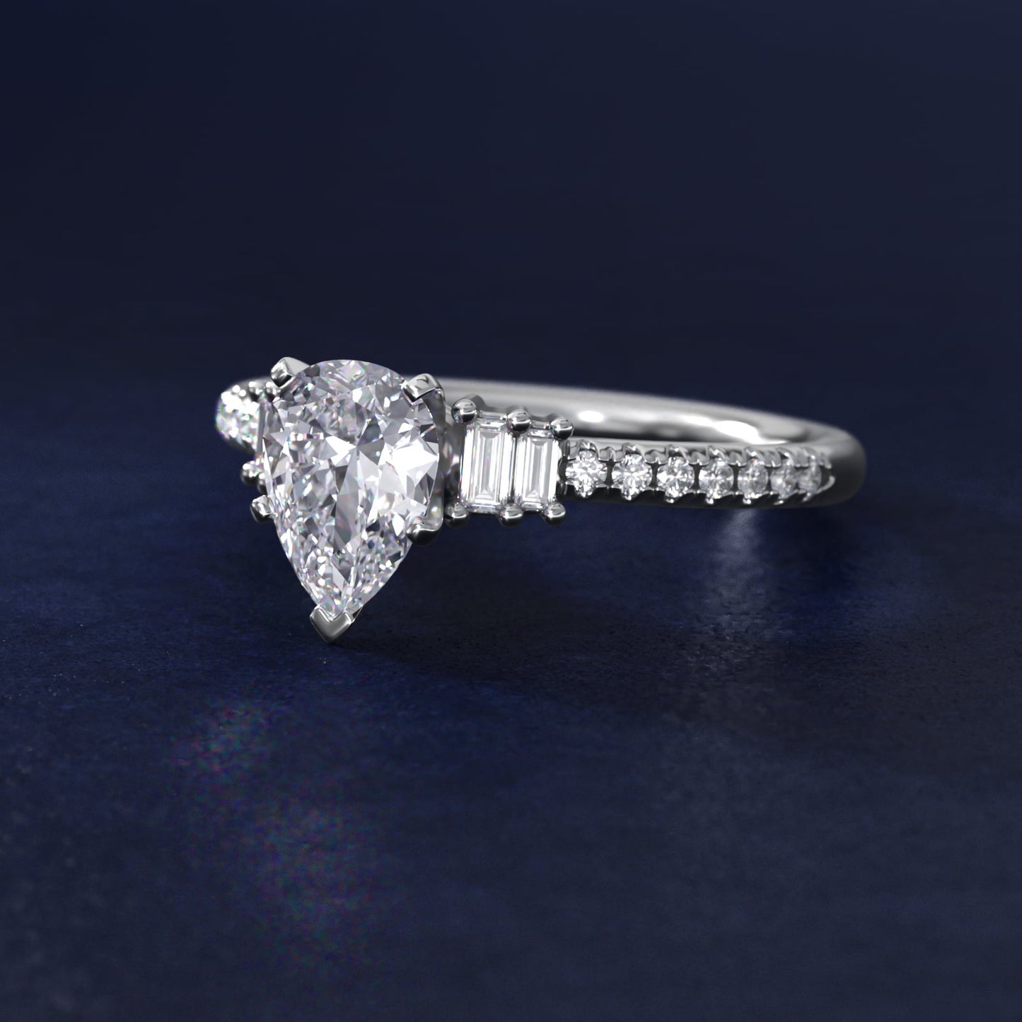 Petite Baguette and PavŽ Diamond Engagement Ring in 14k White Gold - Pear Center