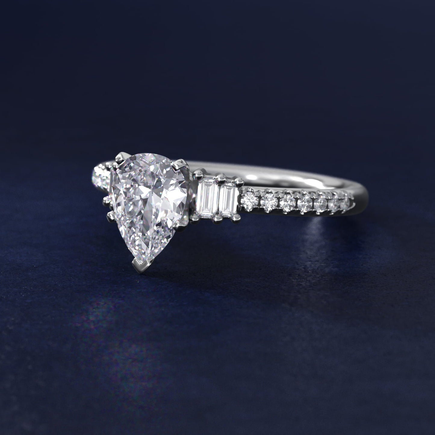 Petite Baguette and Pav? Diamond Engagement Ring in 18k White Gold - Pear Center
