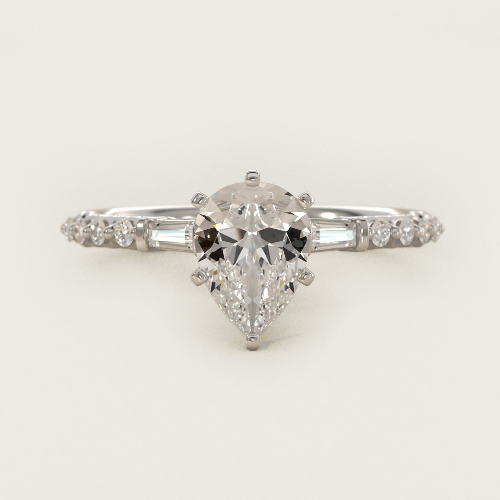 Petite Baguette and Floating Round Diamond Engagement Ring in 14k White Gold (1/5 ct. tw.) - Pear Center
