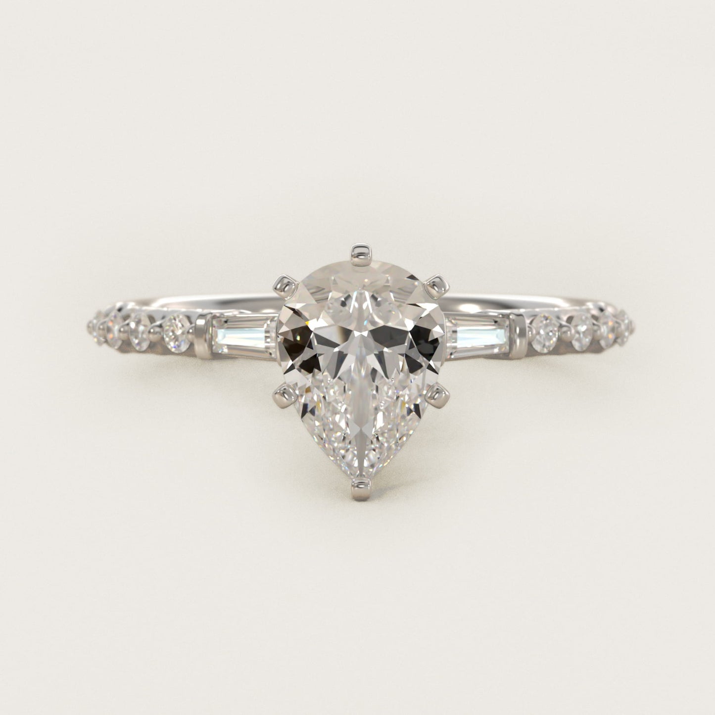Petite Baguette and Floating Round Diamond Engagement Ring in 18k White Gold (1/5 ct. tw.) - Pear Center