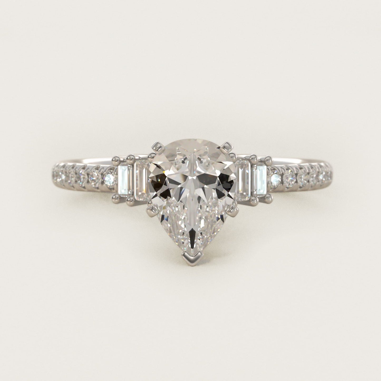 Petite Baguette and Pav? Diamond Engagement Ring in 18k White Gold - Pear Center