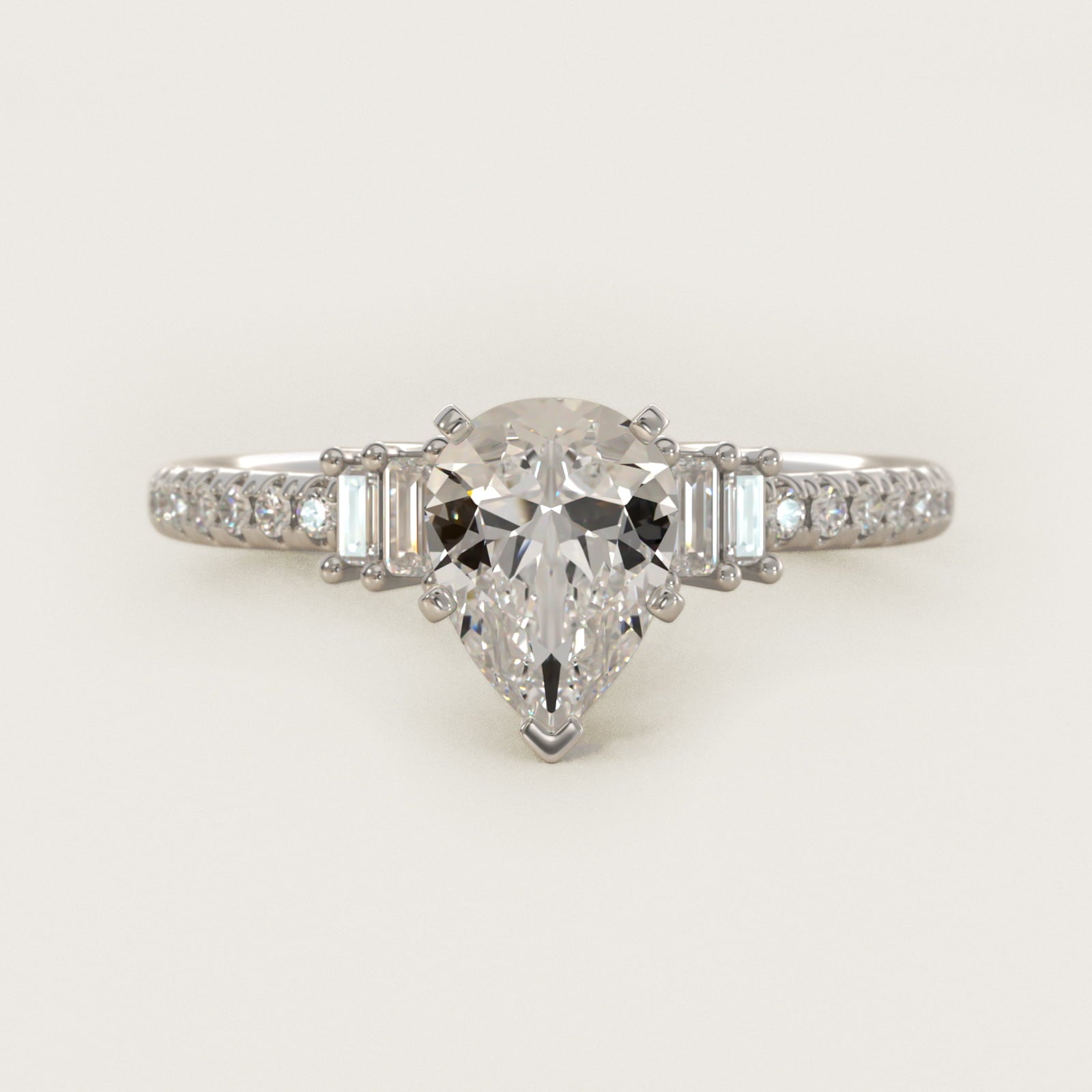 Petite Baguette and Pav? Diamond Engagement Ring in 18k White Gold - Pear Center
