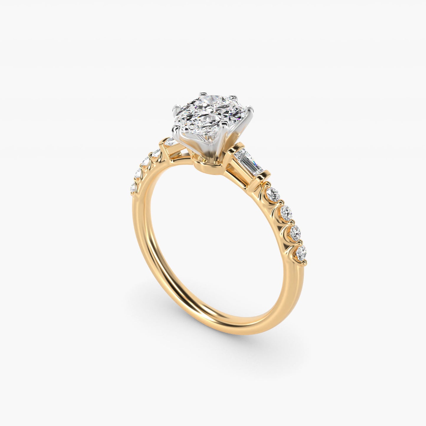 Petite Baguette and Floating Round Diamond Engagement Ring in 14k Yellow Gold (1/5 ct. tw.) - Pear Center