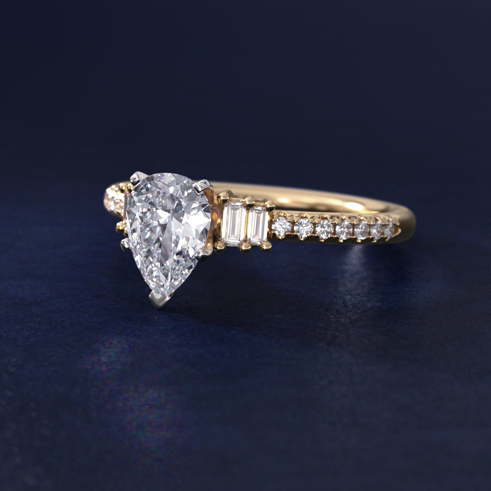 Petite Baguette and PavŽ Diamond Engagement Ring in 14k Yellow Gold - Pear Center