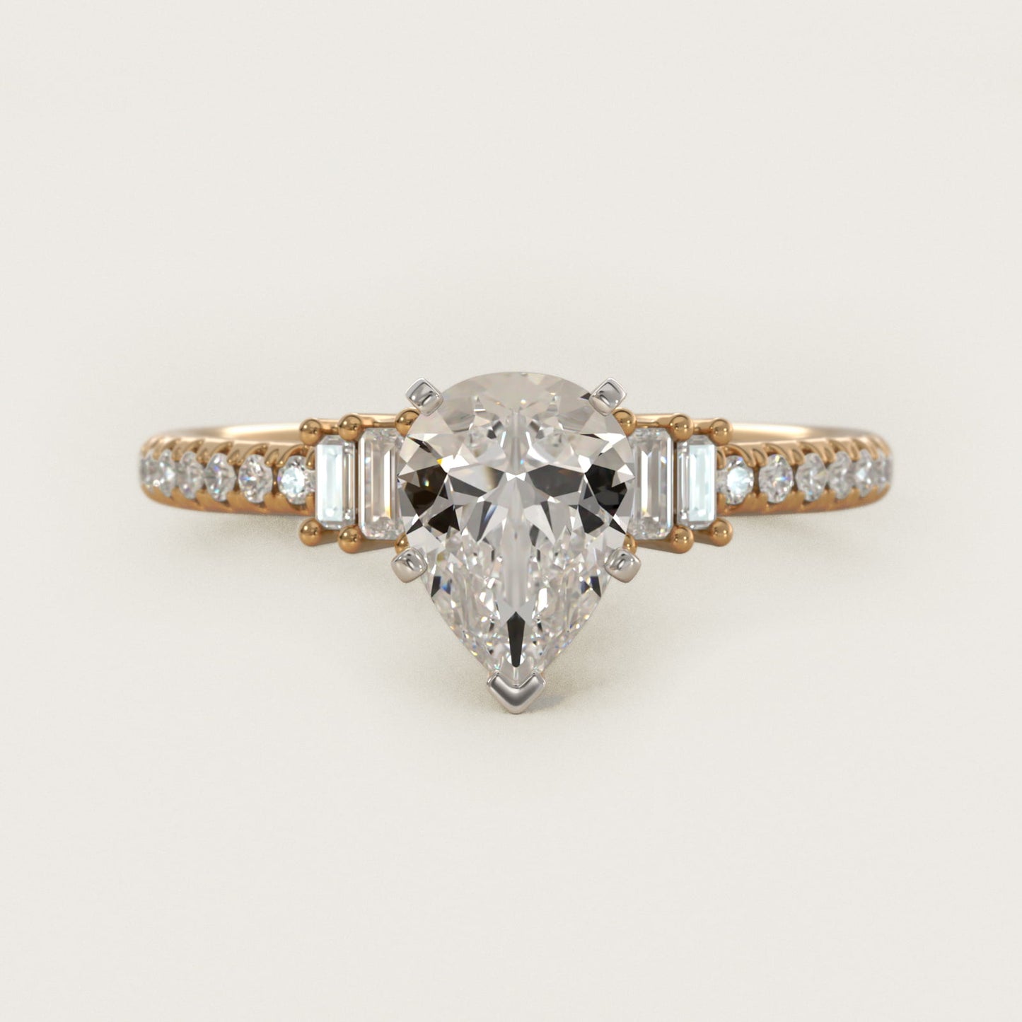 Petite Baguette and PavŽ Diamond Engagement Ring in 14k Yellow Gold - Pear Center