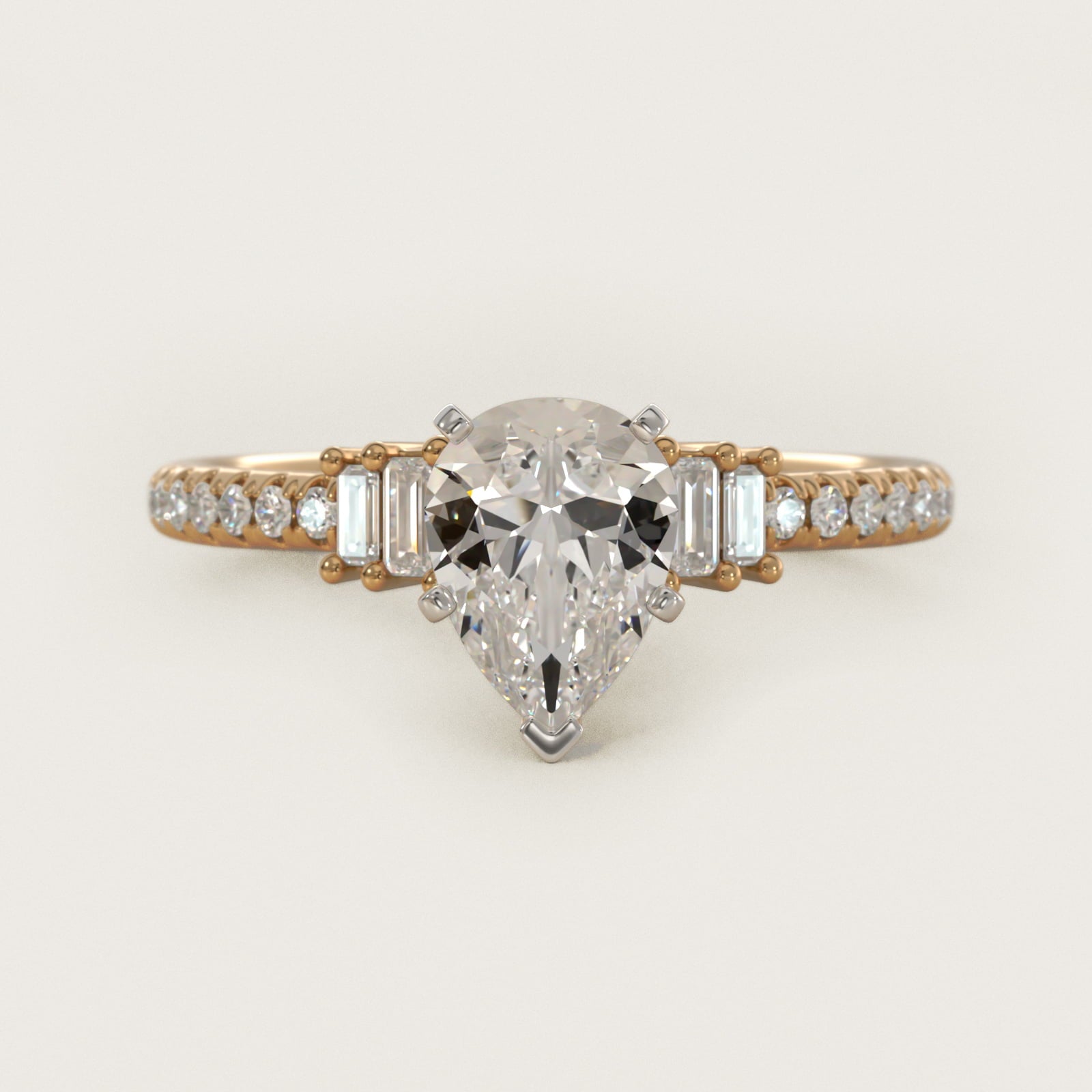 Petite Baguette and PavŽ Diamond Engagement Ring in 14k Yellow Gold - Pear Center