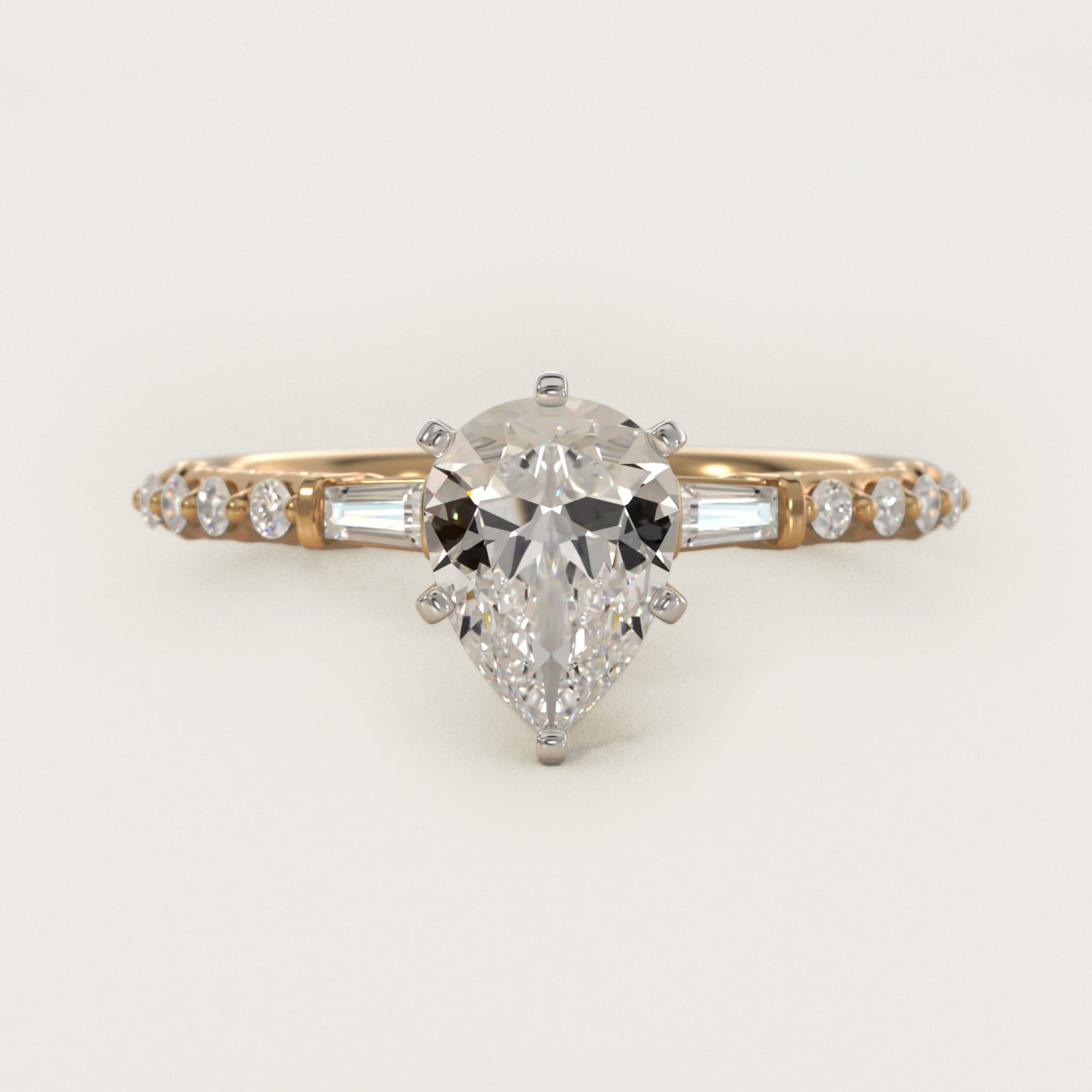 Petite Baguette and Floating Round Diamond Engagement Ring in 14k Yellow Gold (1/5 ct. tw.) - Pear Center