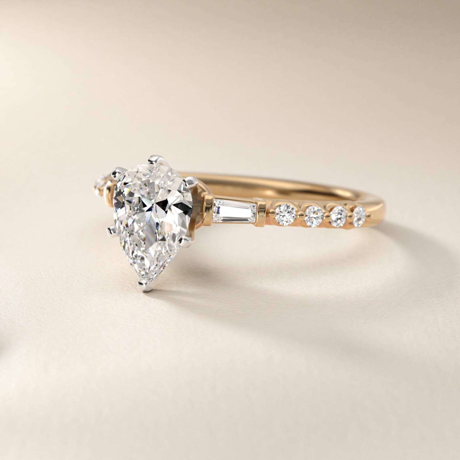 Petite Baguette and Floating Round Diamond Engagement Ring in 18k Yellow Gold (1/5 ct. tw.) - Pear Center