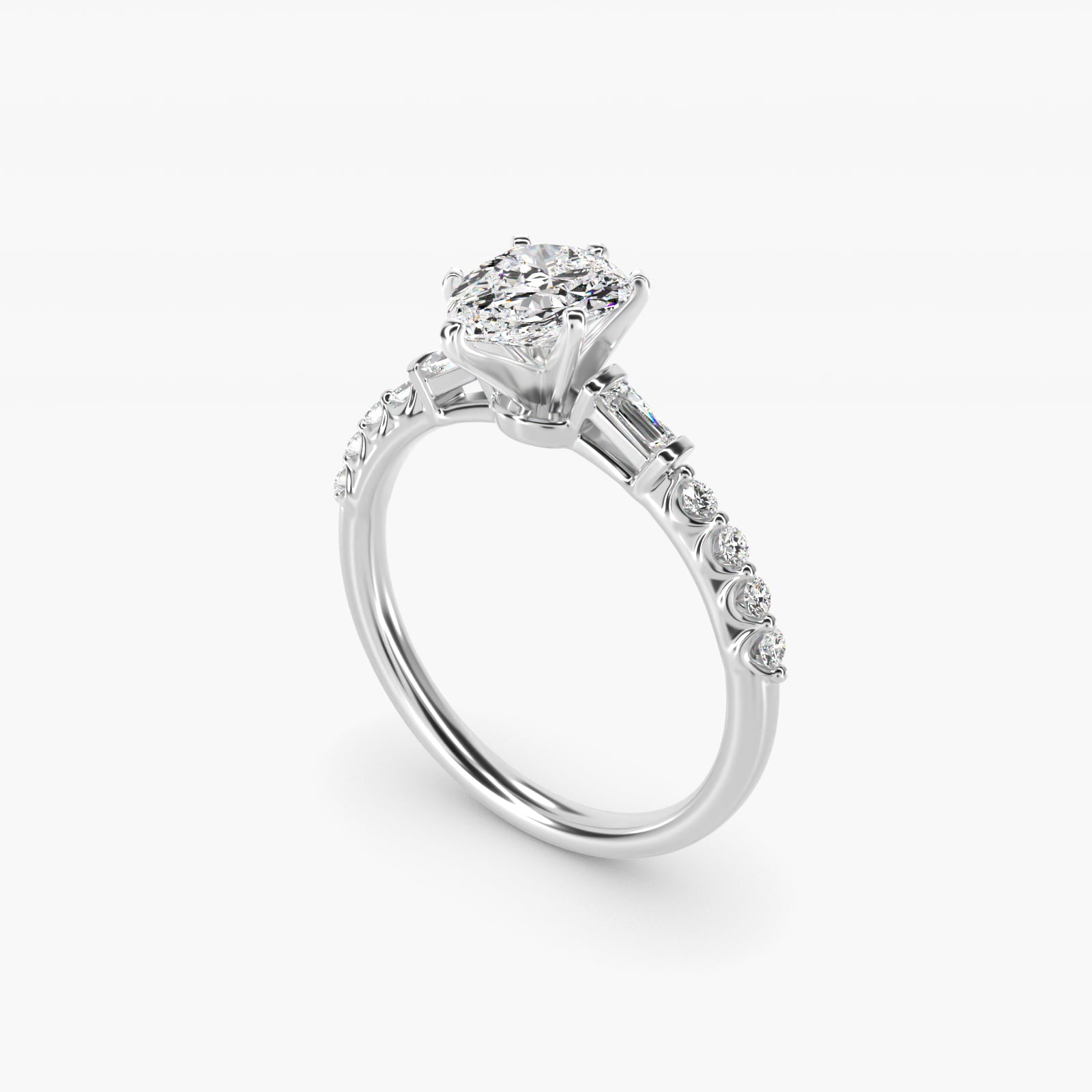 Petite Baguette and Floating Round Diamond Engagement Ring in Platinum (1/5 ct. tw.) - Pear Center